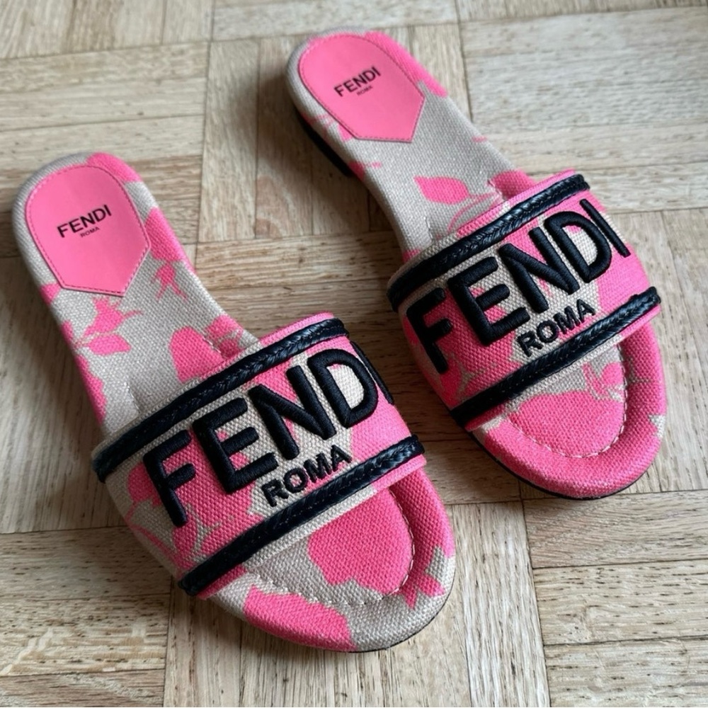 Fendi Floral Canvas Logo Slide Sandals